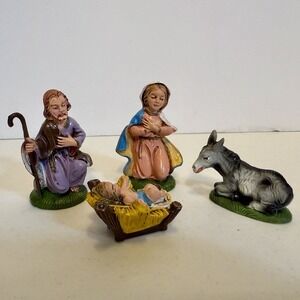 4 Piece Mini Nativity Set Mary Joesph Baby Jesus & Donkey Italy #700
